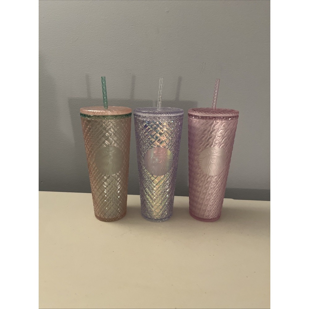 3 Starbucks Tumblers Acrylic Cold Cup Lot Diamond Prism Crystal Iridescent 24 Oz